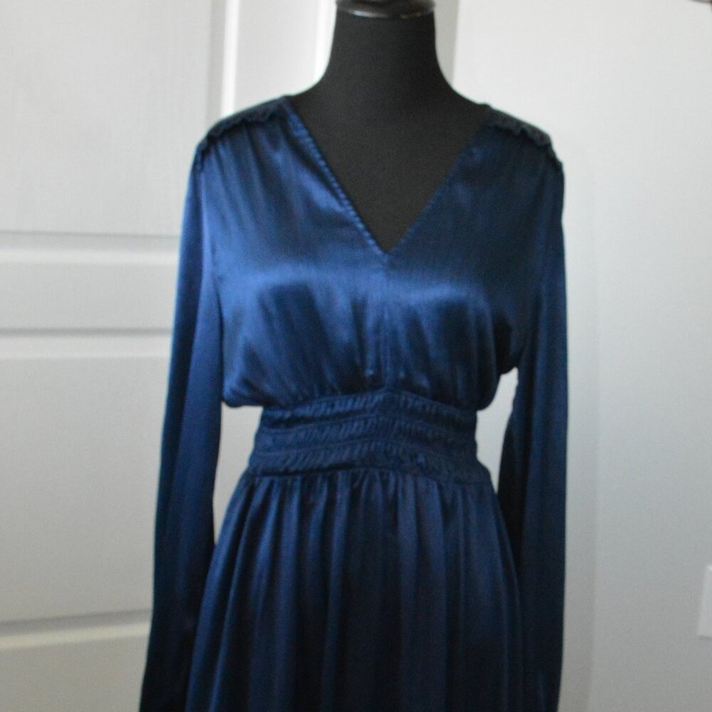 Pinch Blue Long Sleeve Satin Dress V Neck size Small Navy